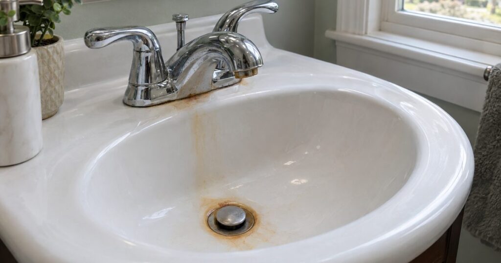 Orange iron stains in a white porcelain sink fed by a South Jersey private well